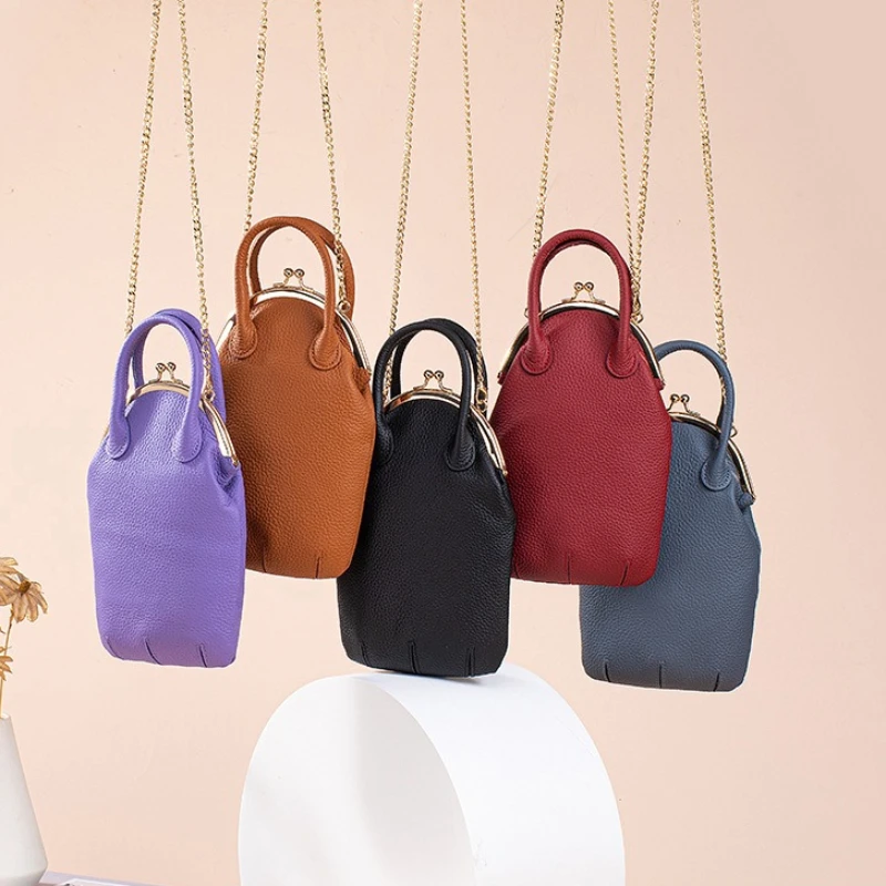 

Crossbody Bags for Women Genuine Leather Small Purse with Top Handle Kiss Lock Frame Phone Shoulder Handbags for Everyday Use