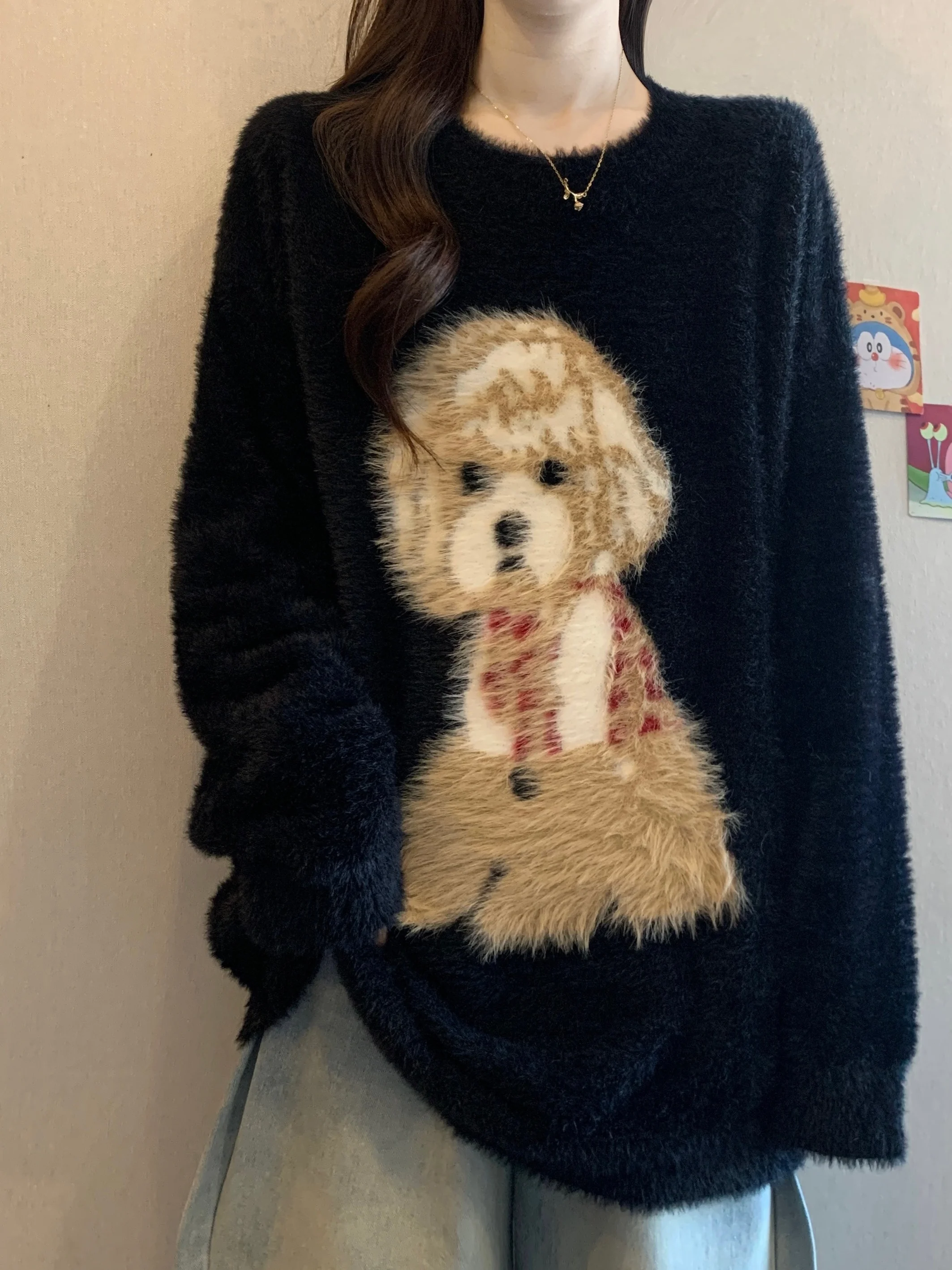 

Cartoon Dog Soft Pluy Sweater Women's Autumn Winter Loose Cisas New Year Red Knitted irt Large Size Casual Inner Wear