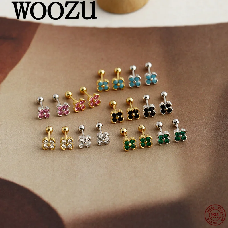 

WOOZU 925 Sterling Silver Cute Four-leaf Flower Color Zircon Screw Bead Earrings for Women Fashion Gentle Daily Party Jewelry