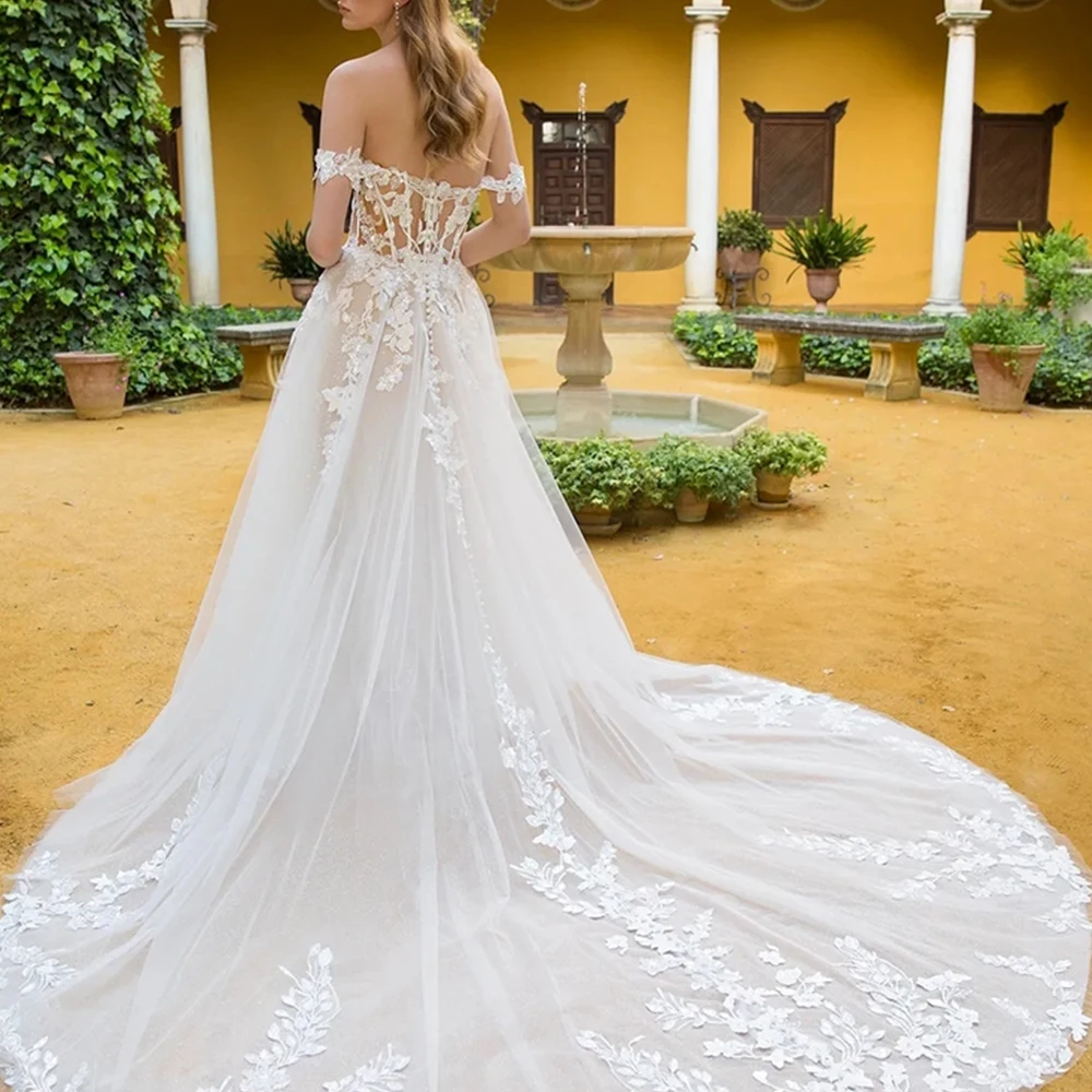 Exquisite Querida Ilusão Vestidos De Noiva com Trem De Varredura Para Mulheres, Requintado Applique, Vestidos De Noiva Sem Costas