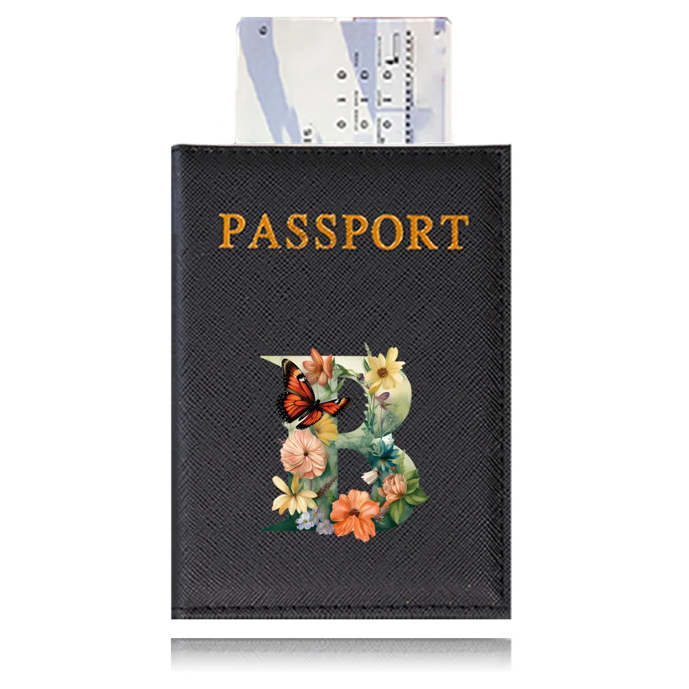 Protetora PU Passaporte Capa, Caso Titular do Bilhete de Viagem, Borboleta Letter Print Series, ID Card Clip Bags, cor preta