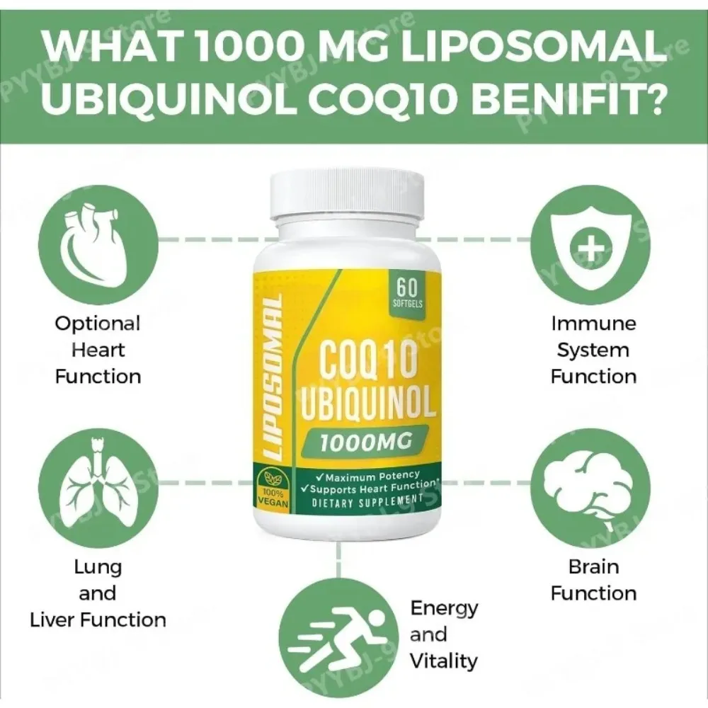 CoQ10 Ubiquinol Softgels Heart Health Cellular Energy & Antioxidant Support 1000mg Liposomal High Absorption Vegan 60 Count