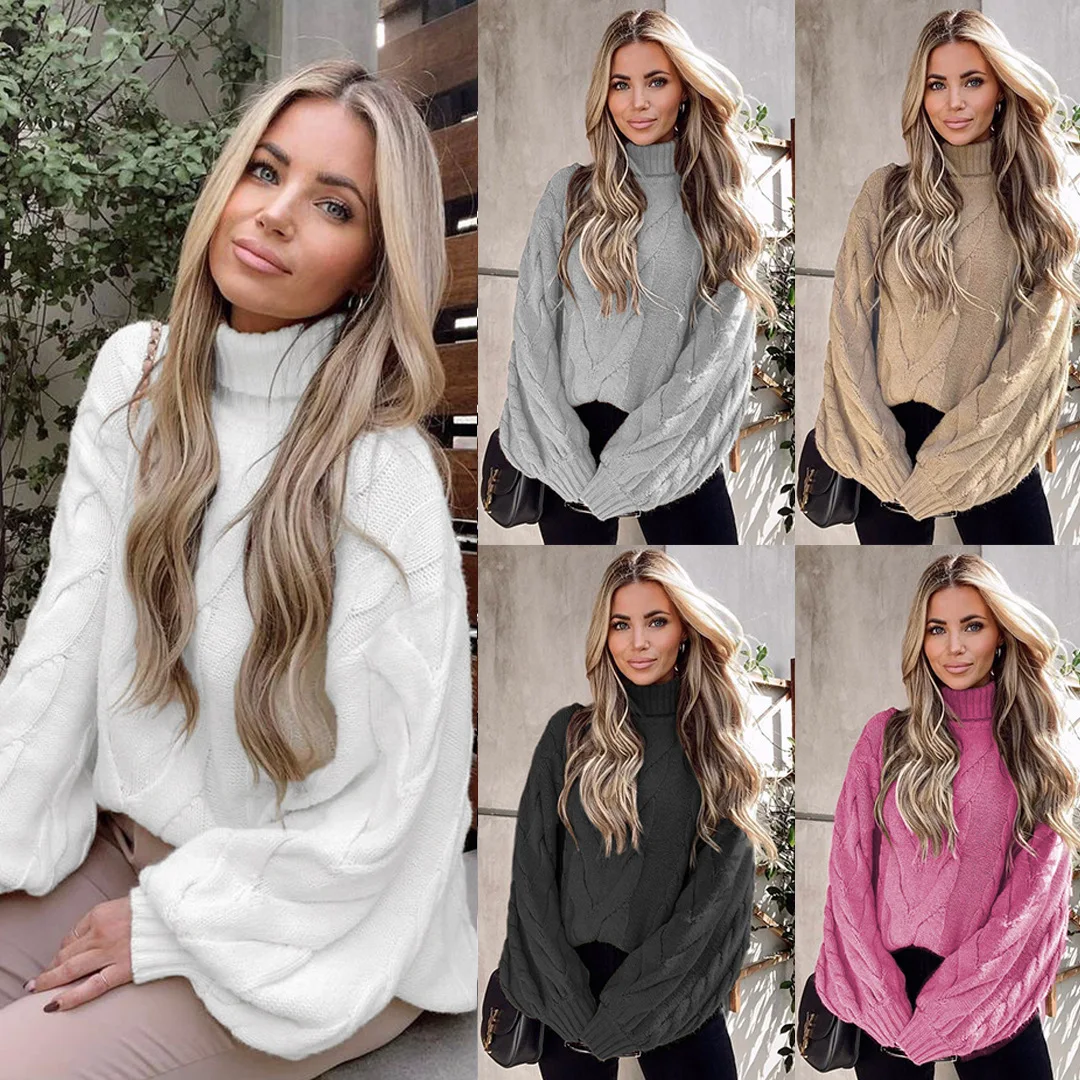 TrendAutumn And Winter 2024 Women'S Horn Sleeve Sleeved Loose Warm High Neck Fried Dough Twists Sweater