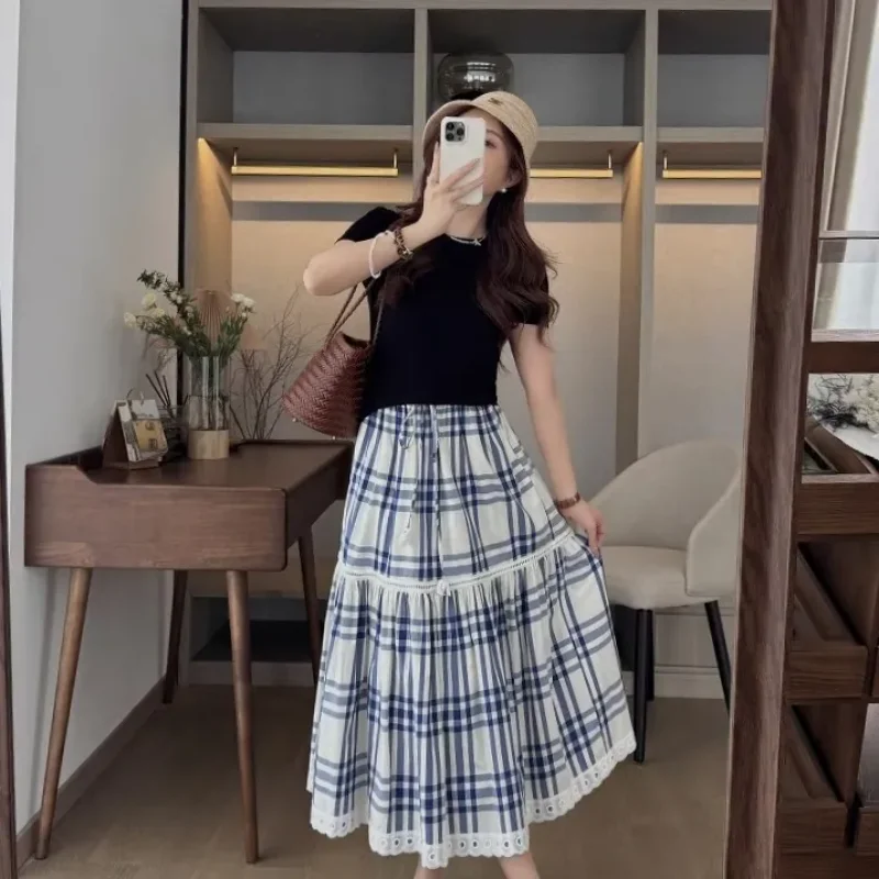 Women's Blue White Plaid Maxi Skirt Elastic Waist Drawstring Ruffled Hem Hollow Out Casual Long Skirt