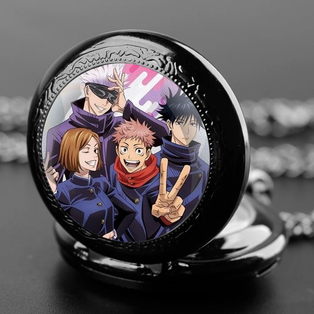 Jujutsu Kaisen Design Glass Dome Quartz Pocket Watch with Durable Chain Arabic Numeral Dial for Men and Women Creative Gifts