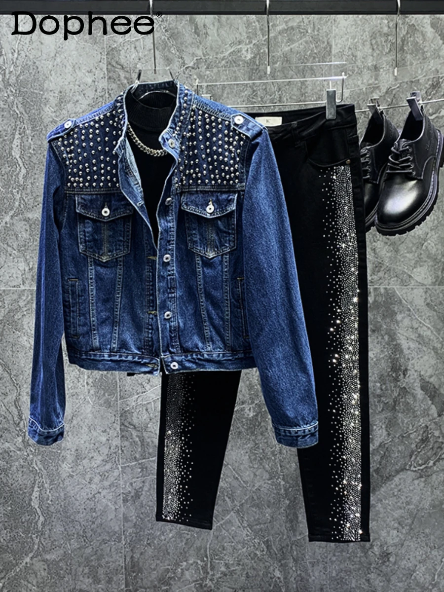 

Men's Denim Jackets Metal Rivet Design High-end Handsome Pocket Denim Coats Trendy Long Sleeve Solid Color Short Denim Jacket