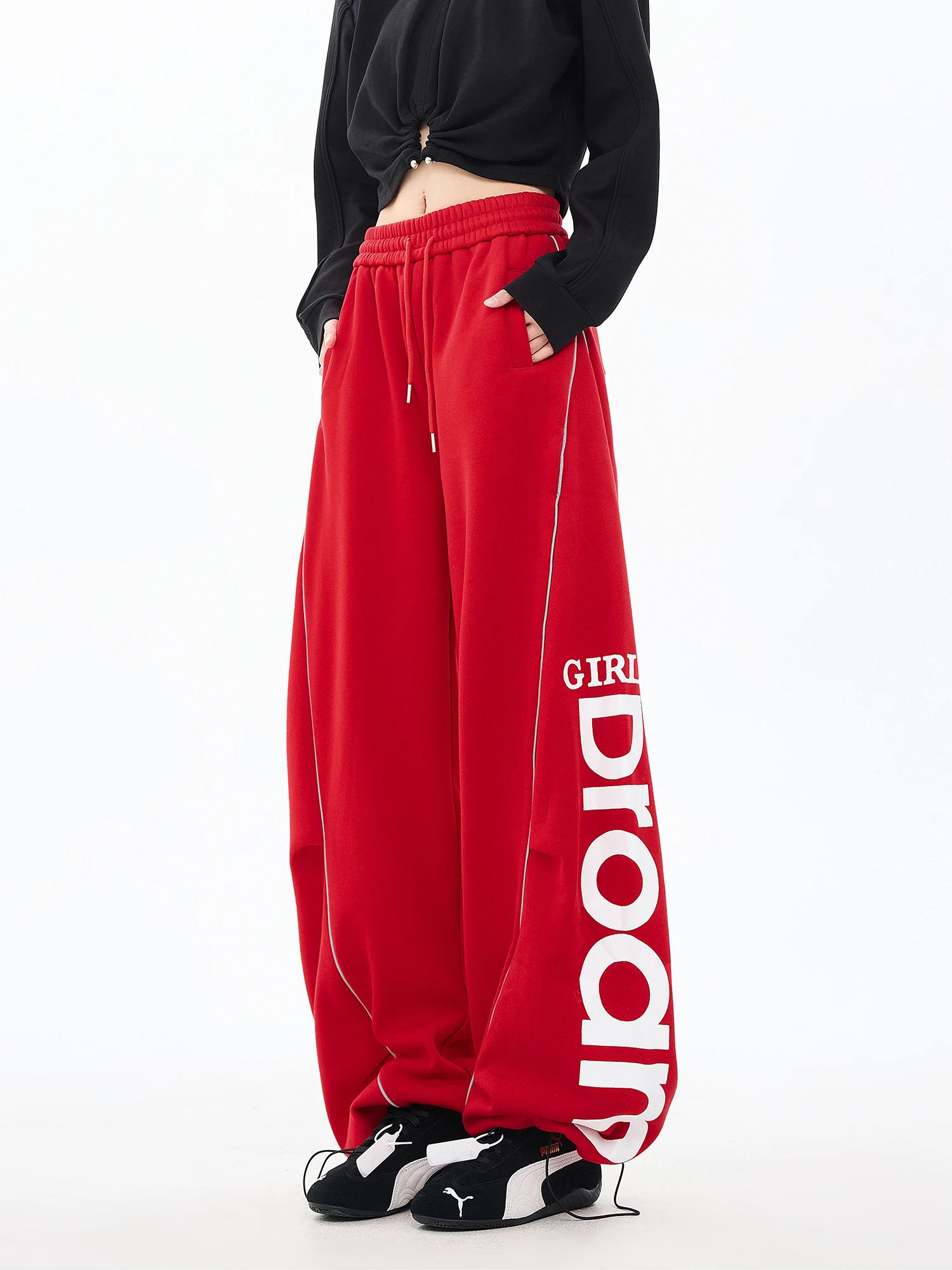 

Красные повседневные вязаные брюки-карго с широкими штанинами для женщин, весенняя новинка, с принтом, с высокой талией, свободные, с поясом, спортивные штаны E.D.X