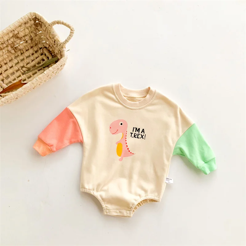 Baby Girl Boy Romper Long Sleeve Round Neck Cartoon Dinosaur Print Crotch Buttons Warm Jumpsuit Fall