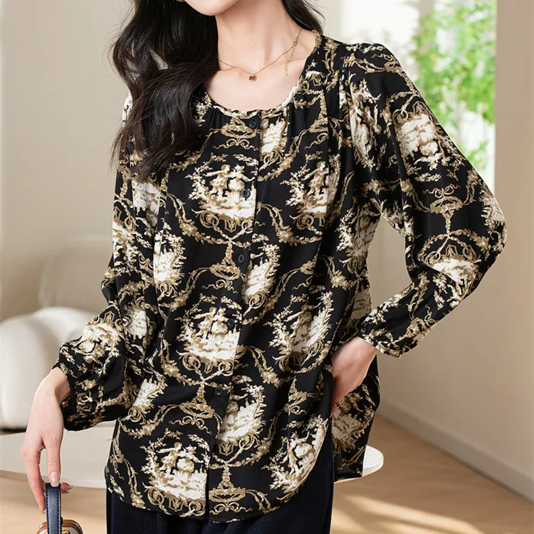 

Mom's Clothing Retro Floral Women's Travel Vacation Blouse Casual Loose Long Sleeve Wear Shirt Tops