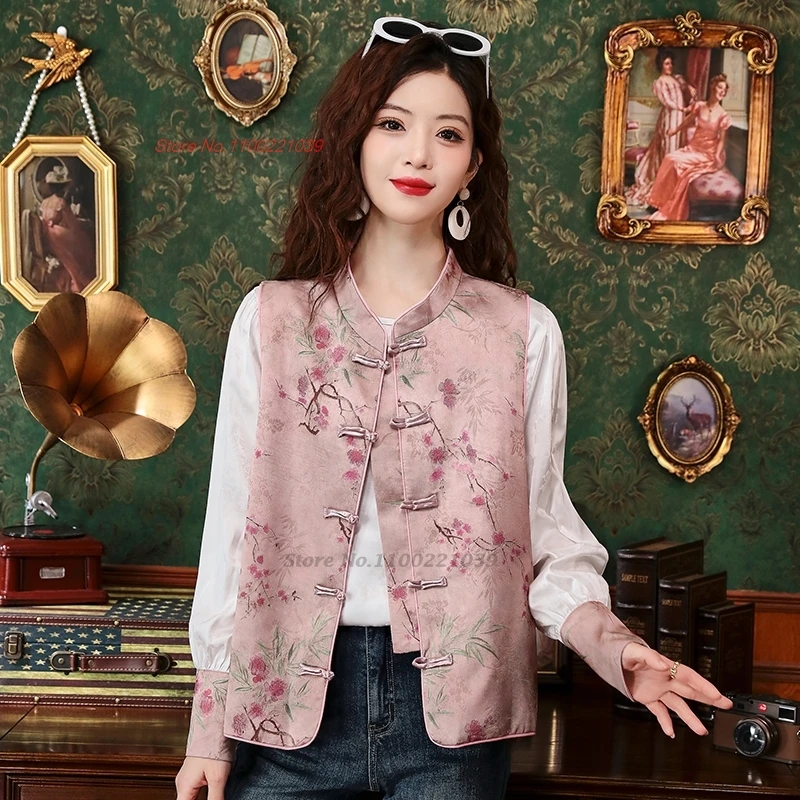 2025 women ethnic hanfu tops chinese vintage stand collar satin vest sleeveless jacket national flower print folk vest tang suit