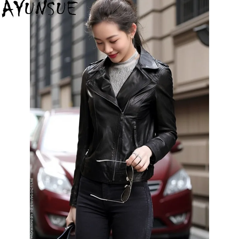 AYUNSUE Women's Sheepskin Jacket Short Fitted Motorcycle Outerwear Casual Versatile Real Leather Jackets Woman Clothes Jaqueta