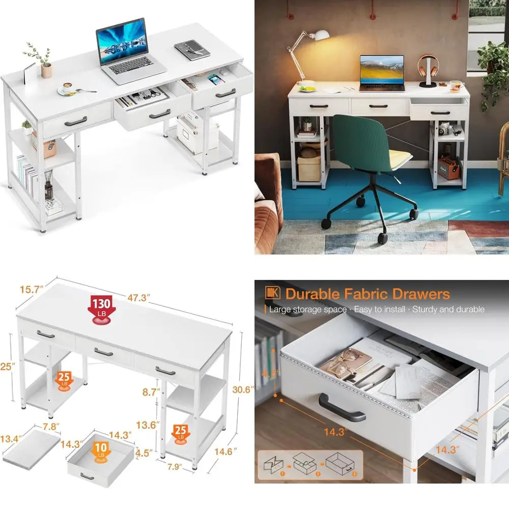 

Modern White Home Office Desk with Fabric Drawers and Storage, 48"x16" Writing Table