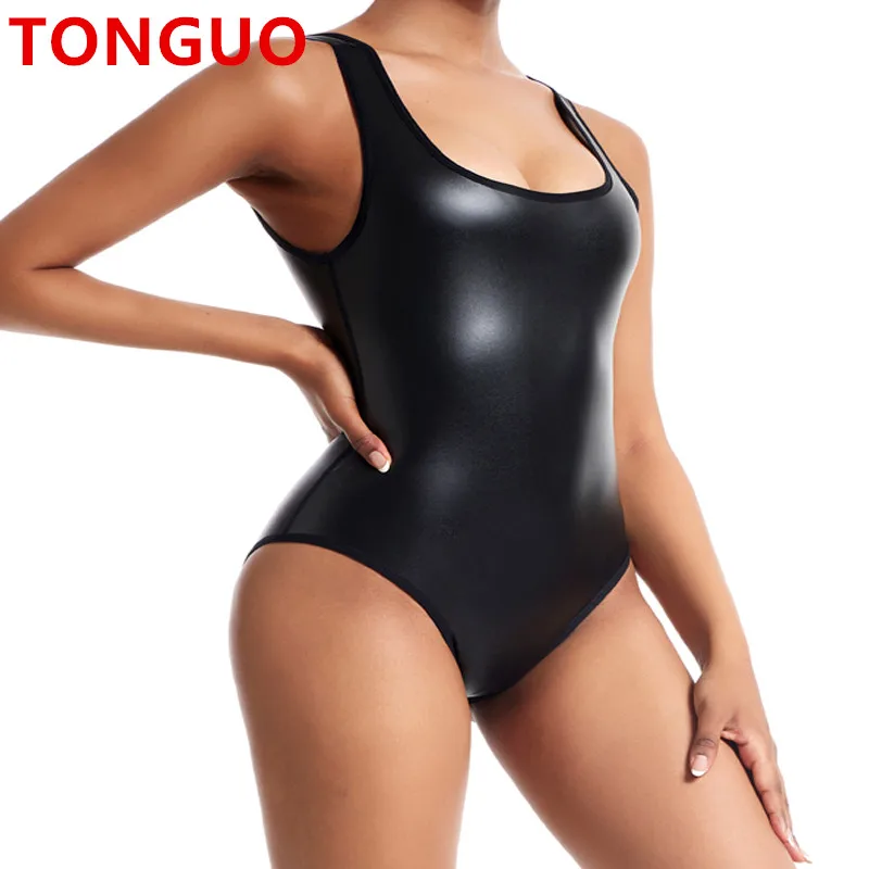 TONGGUO Women One Pieces Shapers Bodysuit Underwear Shapewear Black Tummy Control Slim Woman Sexy Pu Leather Tank Thong Bodysuit