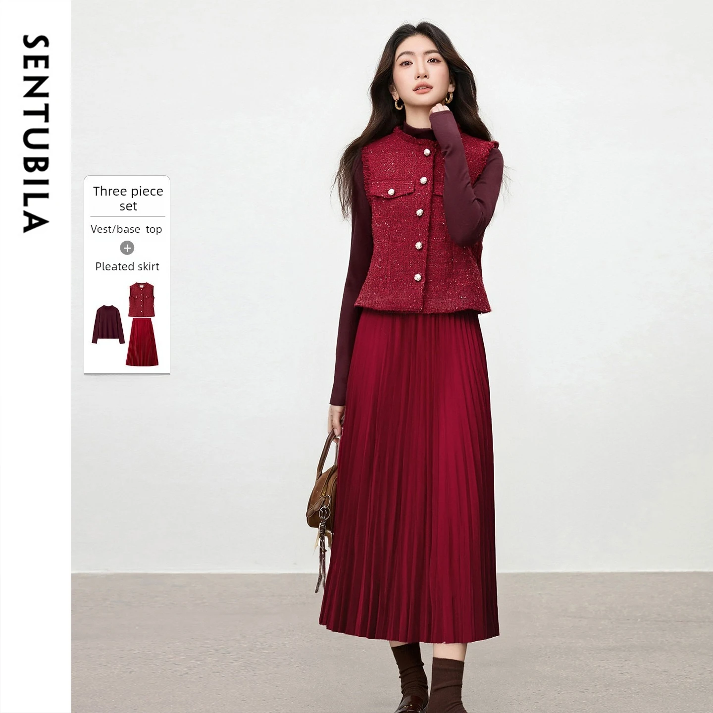 

SENTUBILA Women's 3Pcs Chic Tweed Sets 2026 Office Lady Outfits Sequin Vest Pleated Skirt Basic Top Matching Sets 754ZA6072Z