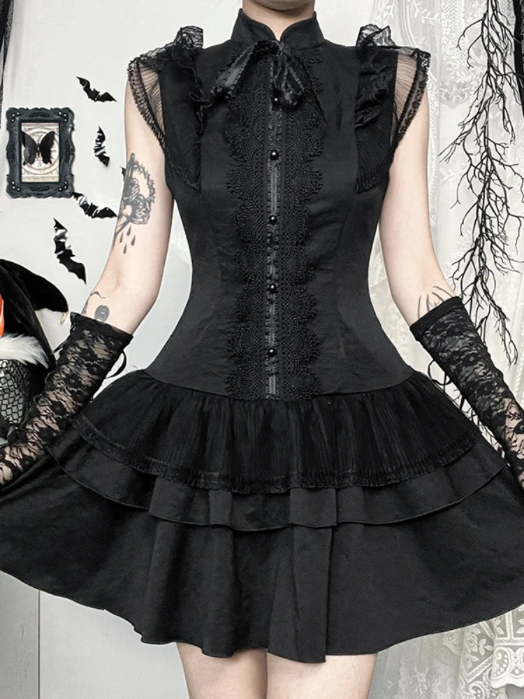 AltGoth Mall Goth Lolita Shirt Dress Women Dark Aesthetic Lace Patchwork Sleeveless High Waist Dress Hotsweet Y2k Rave Outfits