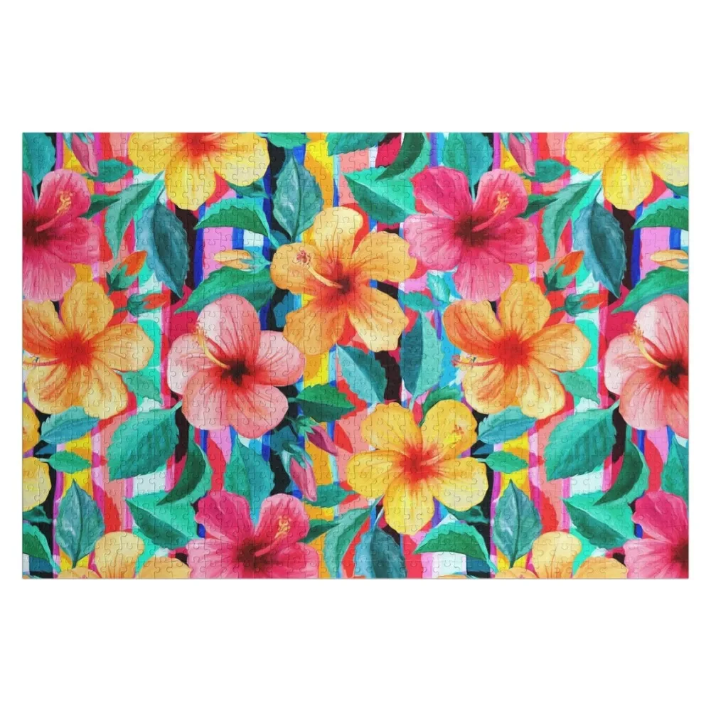 

OTT Maximalist Hawaiian Hibiscus Floral with Stripes Jigsaw Puzzle Wooden Boxes Christmas Gifts Puzzle