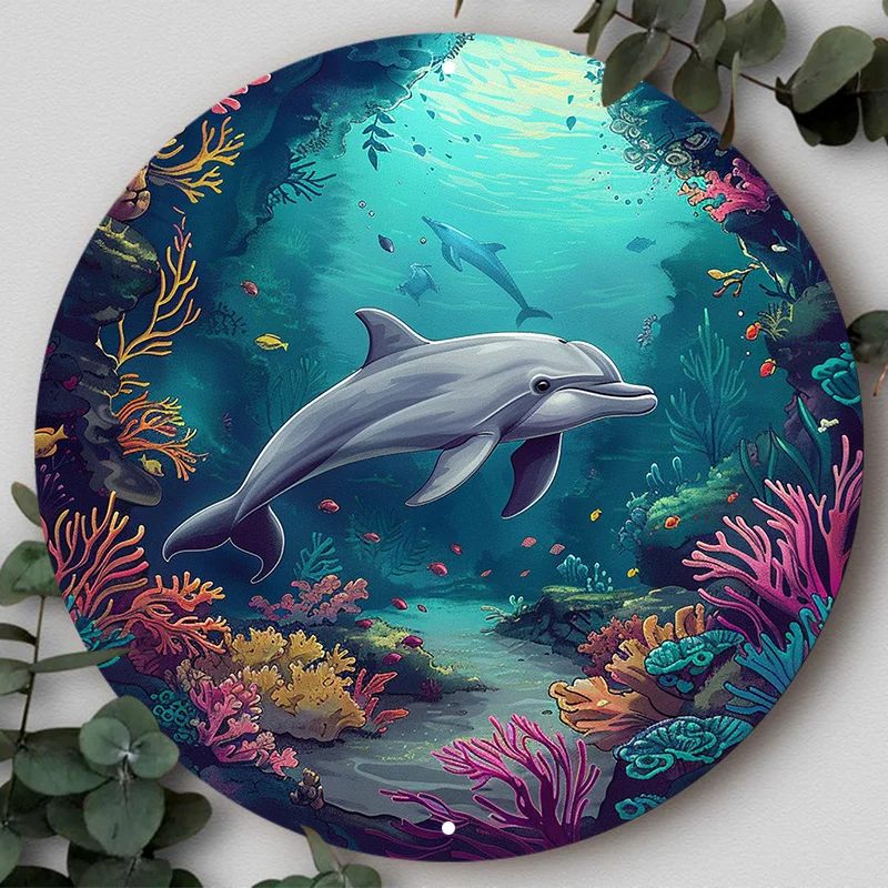 

"Dolphin Coral Reef Ocean Metal Wall Art, Waterproof Aluminum Circular Sign, Pre-Drilled, HD Print Decor for Home, Club, Tavern