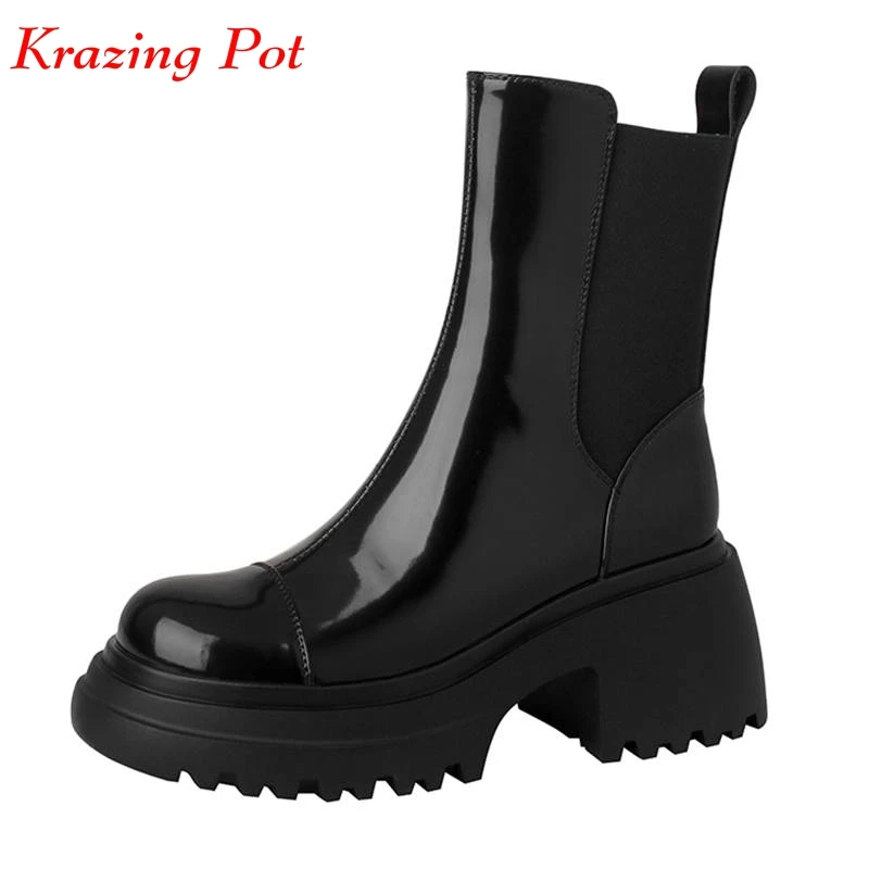 Krazing Pot Cow Leather Round Toe Thick Bottom Winter Keep Warm Motorcycle Boots Slip On Platform Concise Style Chic Ankle Boots