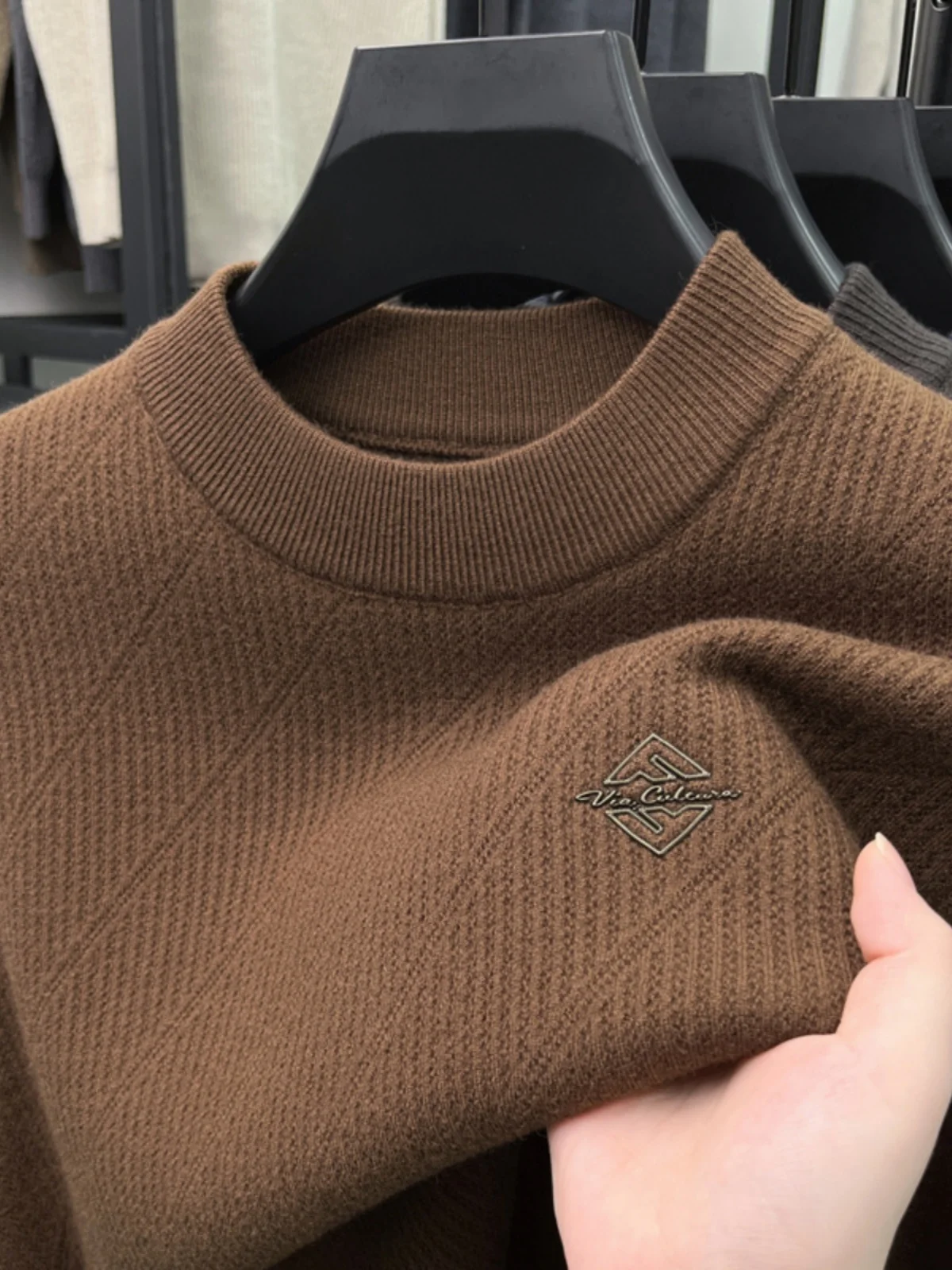 

Мужской вязаный шерстяной свитер с круглым вырезом, утепленный, модный, для повседневной носки зимой, базовый слой, однотонный