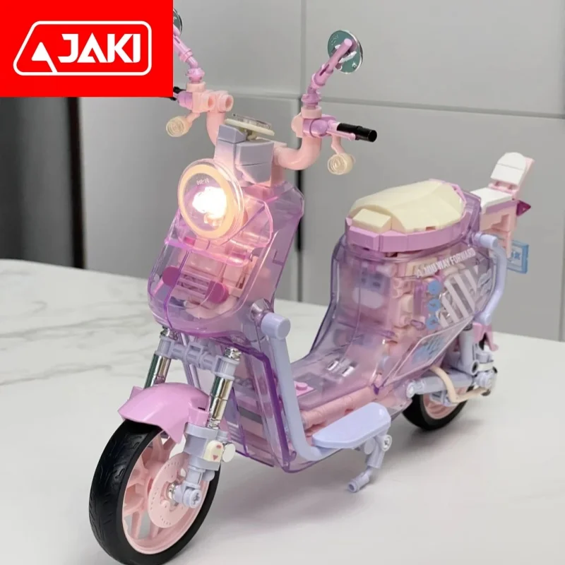 Bloques de construcción JAKI genuinos, modelos de motocicletas con luces, juguetes para bicicletas eléctricas, adornos de moda, regalos de Año Nuevo para niñas