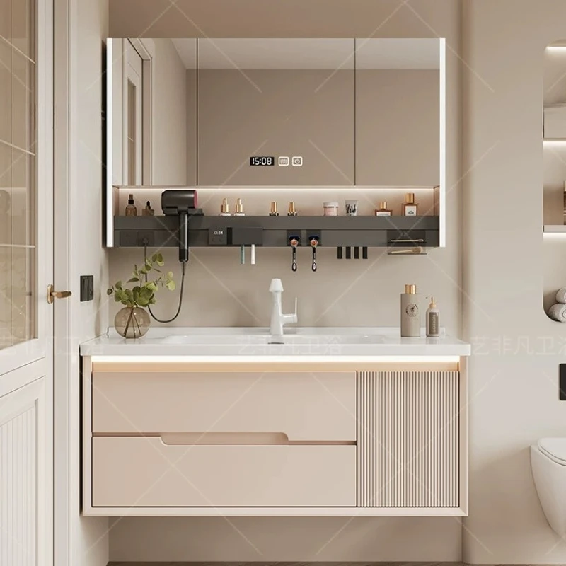 Cream Style Wall‑Mounted Bathroom Vanity Fluted Panel Integrated Ceramic Sink Cabinet LED Smart Mirror Cabinet Drawer Storage
