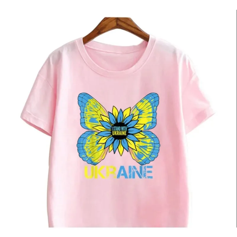 Wholesale Summer Sunflower Butterfly Pretty Print  Girls Pink T-shirt Kids Trident Clothes Children Casual  Tops