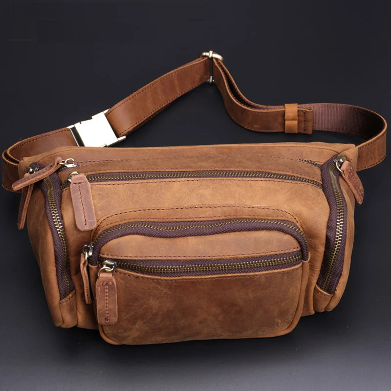 

Faionable Large Capaci Leather Crossbody Bag for Men Motorcycle Sle Waist Bag with Zipper Pure Color Leisure Handbag