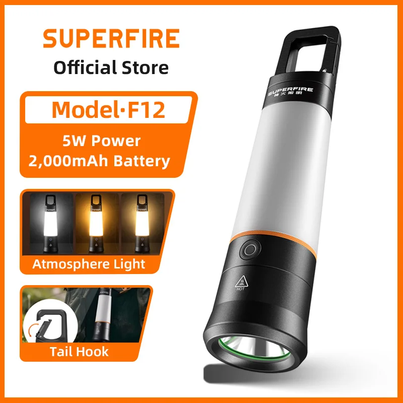 

Перезаряжаемый фонарик SUPERFIRE F12 5W LED COB, сверхяркий, 360° ° Лампа для кемпинга с крючком, дальность 340 м