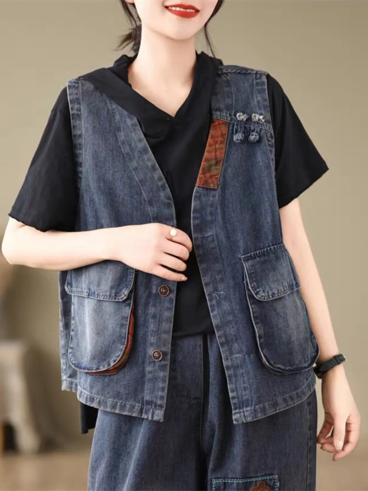 

Джинсовый жилет с завышенной талией в стиле ретро, женский топ большого размера Faion 3D ket с состаренным плечом, смесь хлопка и полиэстера, V-Ne Sing...