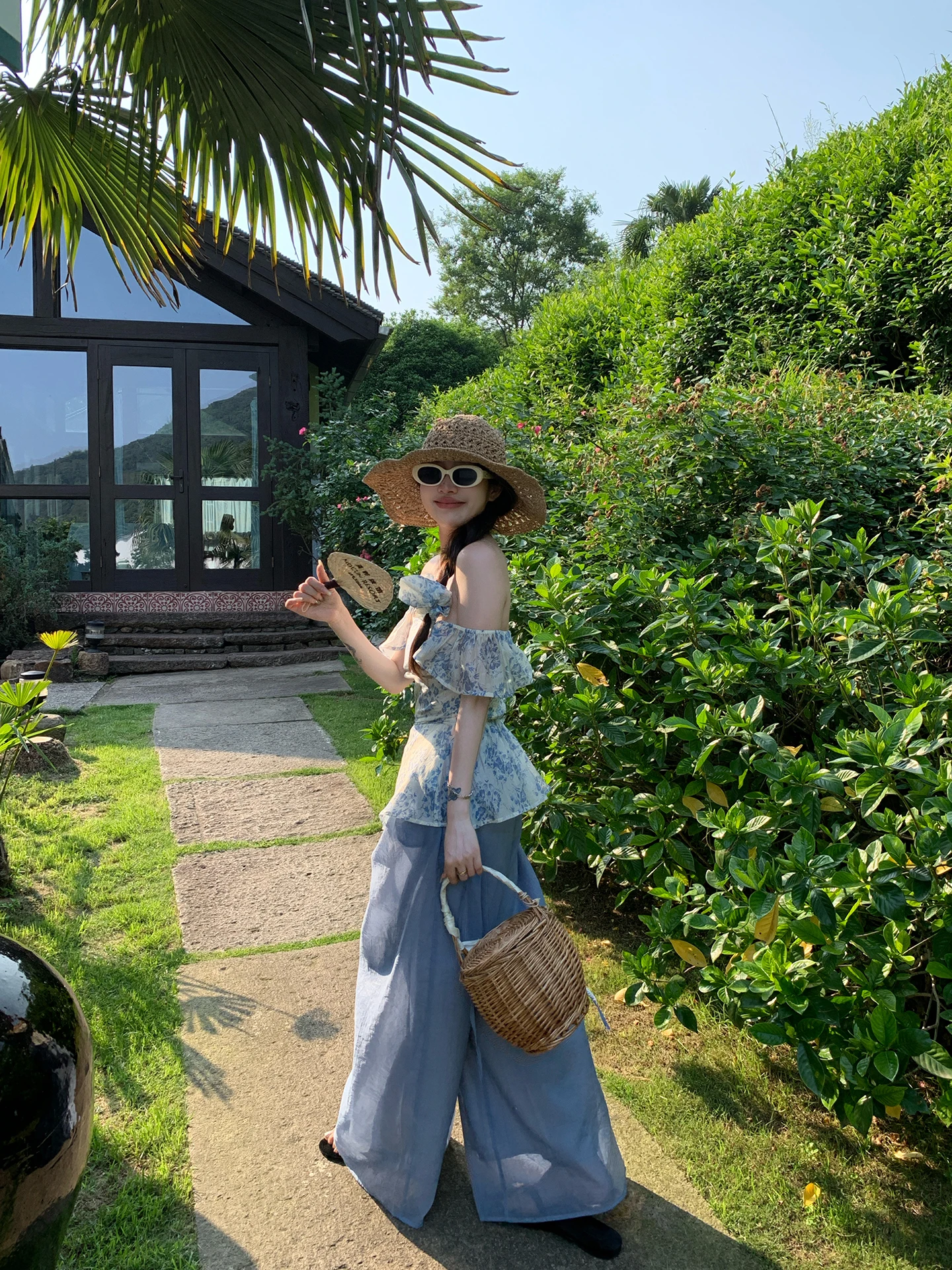 

Evnsle Breathable Blue Summer Thin Wide Leg Pants High Waist Straight Cut Casual Skirt Pants for Women Loose Fit Cotton Nyl...