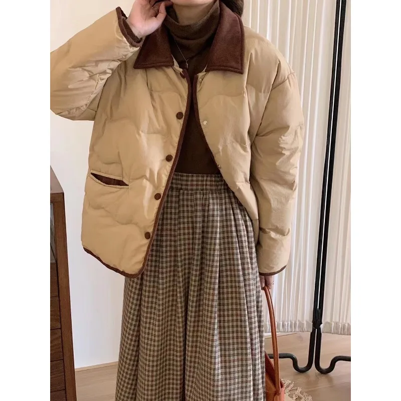 Jesienno-zimowa damska krótka kurtka bawełniana, lekka, łączona, z klapami, codzienna kurtka bawełniana, luźna bluzka damska, nowość 2025