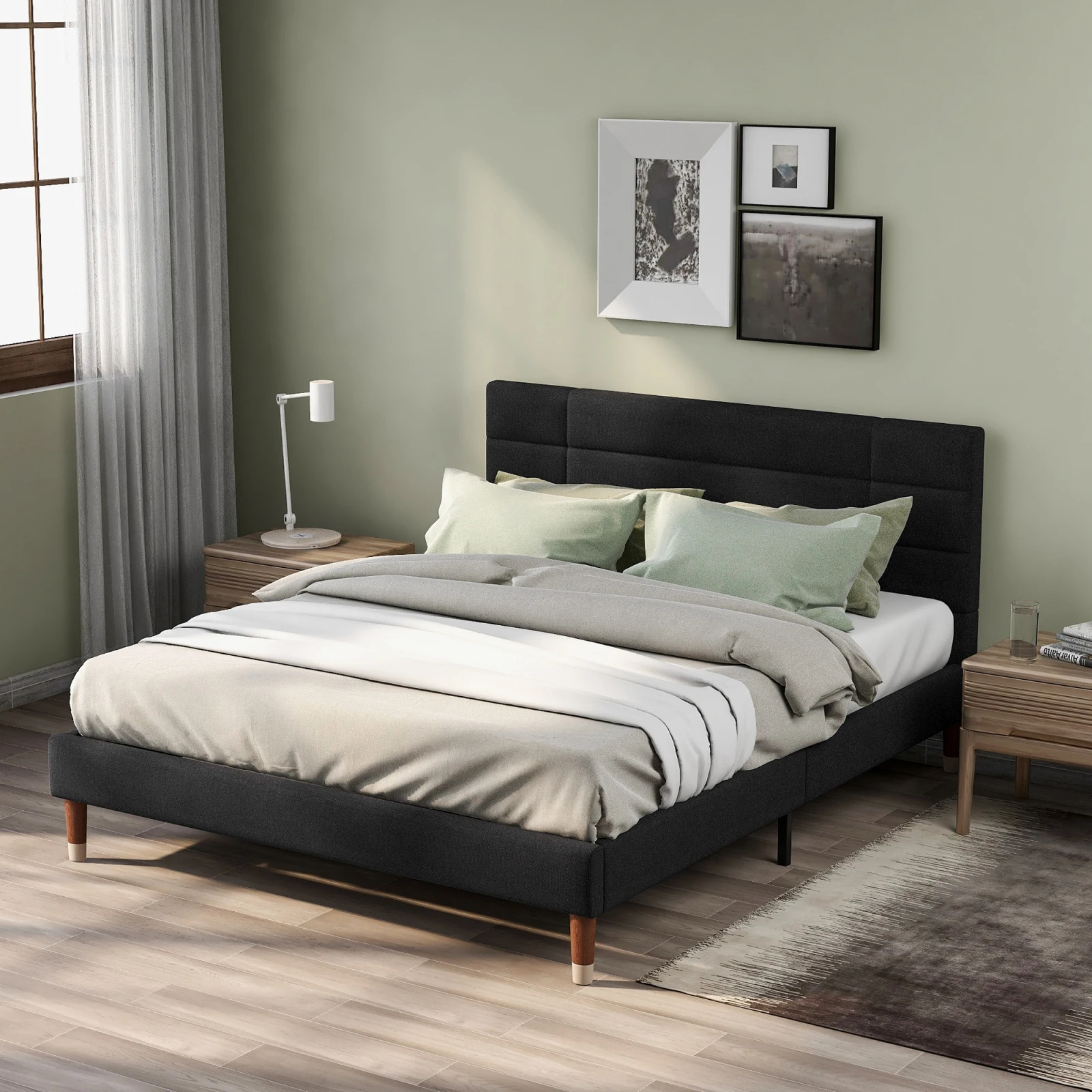 140*200cm Double Bed Linen Upholstered Bed Frame Green Black Deep Gray Wooden Foot Bed with Headboard without Mattres