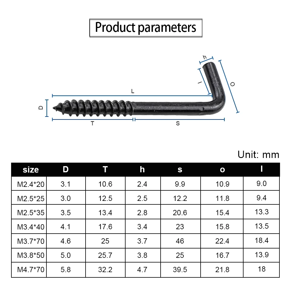 5~30pcs M2.4 M2.5 M3.7 M3.8 M4.7 L Shape Right Angle Screw-in Hook Screw Black Plated Carbon Steel L-shape Tapping Screw