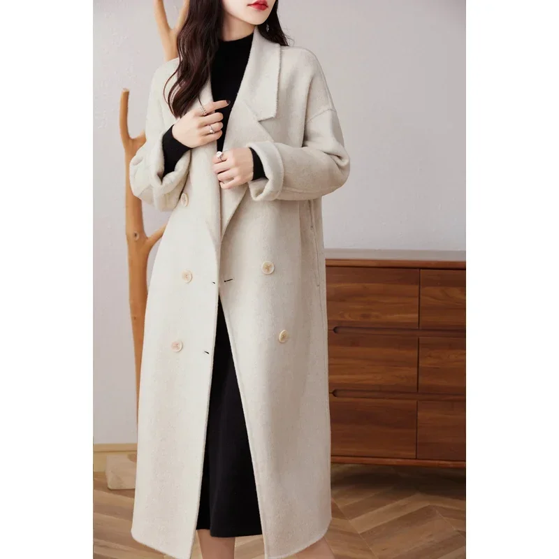 Women's Double-Faced Cashmere Coat, Mid-length Suit Collar, Double-Breasted, 100% Wool, High-End