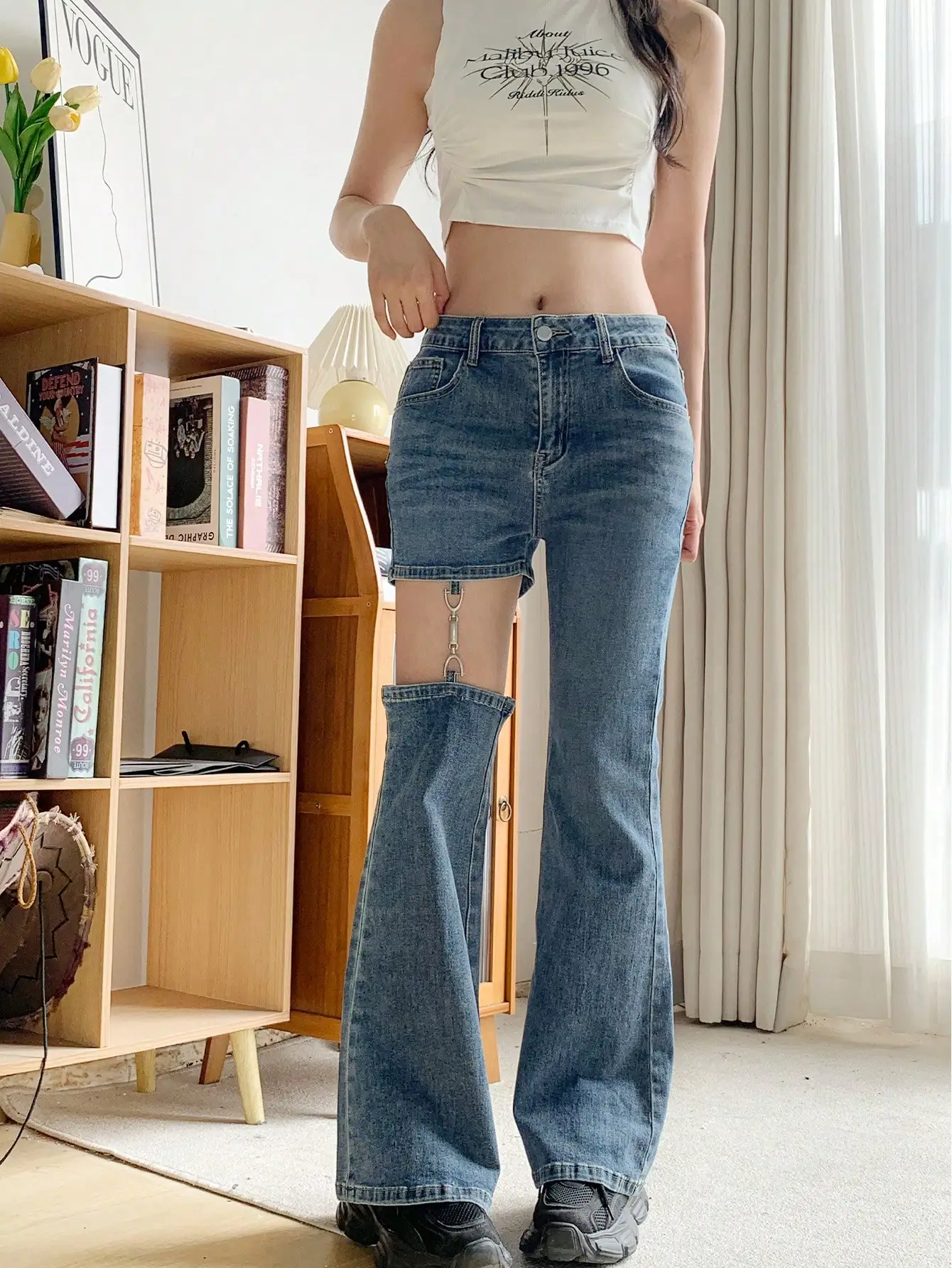 American Hot Girl Design Chain Splicing Jeans 2024 New Women's Autum Slim Flared Pants for Small People