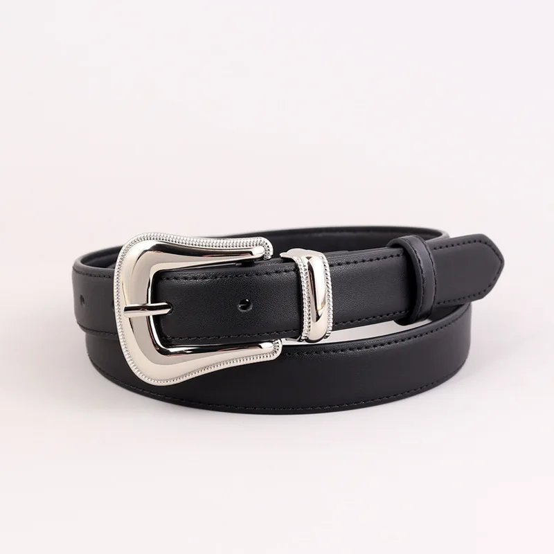 

Новый женский кожаный ремень из воловьей кожи с серебряной пряжкой, высококачественный универсальный модный ремень для женщин
