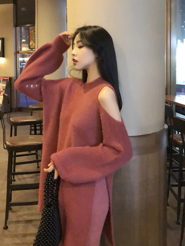 

Ele oulder-Bared Sweater Women's Autumn Winter New Arrival Lazy Sle Loose Medium-Length Sweater Fem Faionable Co...