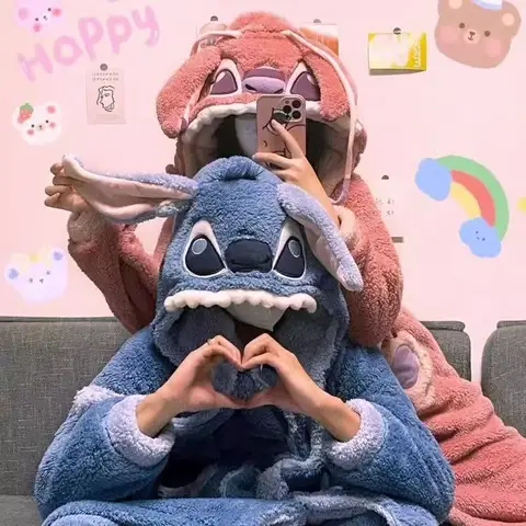 Disney Stitch Angel Hooded Pajamas Y2k Couple Kawaii Coral Fleece Home Clothes Set Women Winter Warm Plush Female Sleepwear Suit