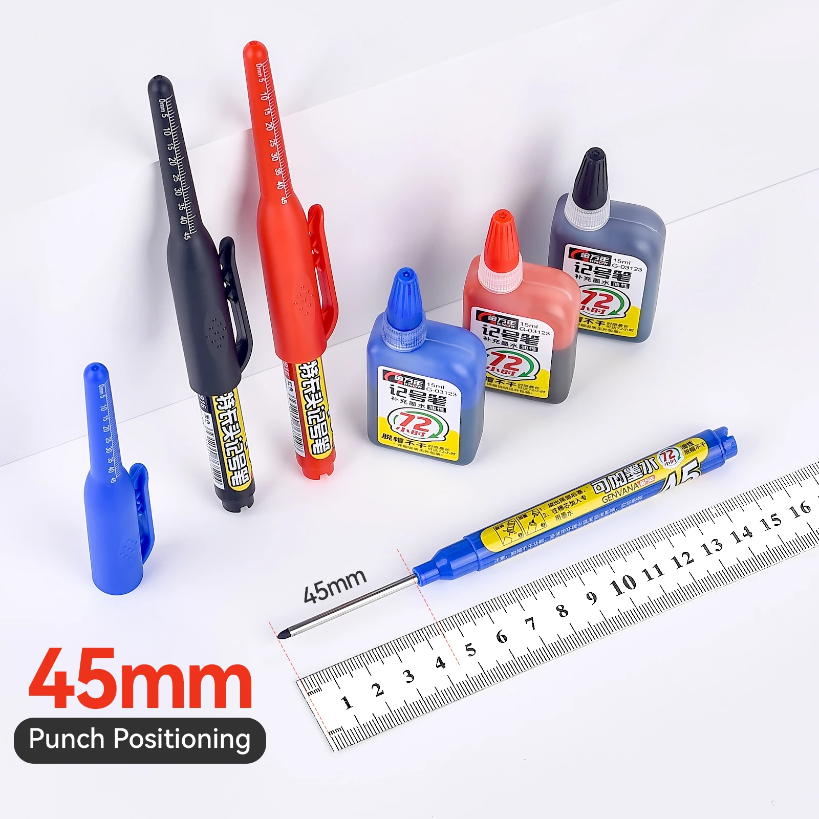 45mm Waterproof Long Head Nib Deep Hole Markers Pen Tile Carpenter Pen Multi-purpose for Woodworking Black/Blue/Red Ink