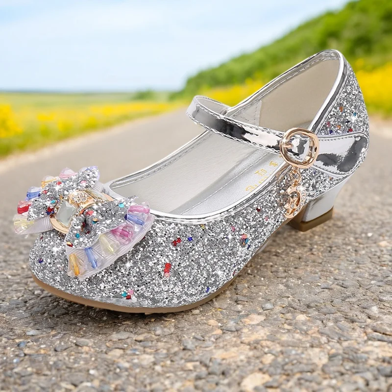 Girl's High-heeled Shoes Kid's New Sequins Purple Leather Shoes Childrne's Princess Students Performance Bow Shoes