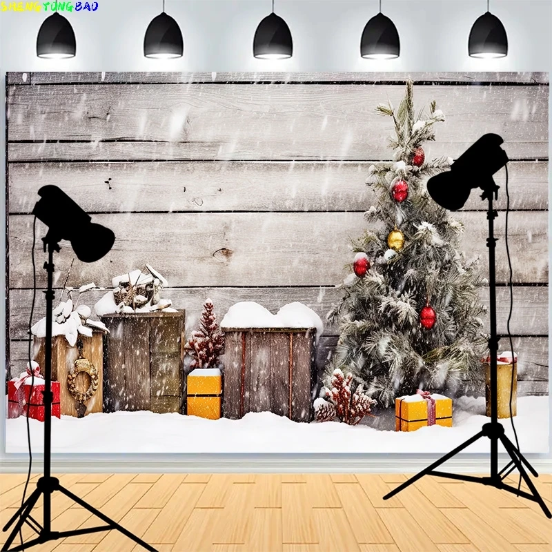 

Christmas Day Fireplace Photography Backdrops Large Window Living Room Wreach Xmas Tree Fireplace New Year Background XH-36