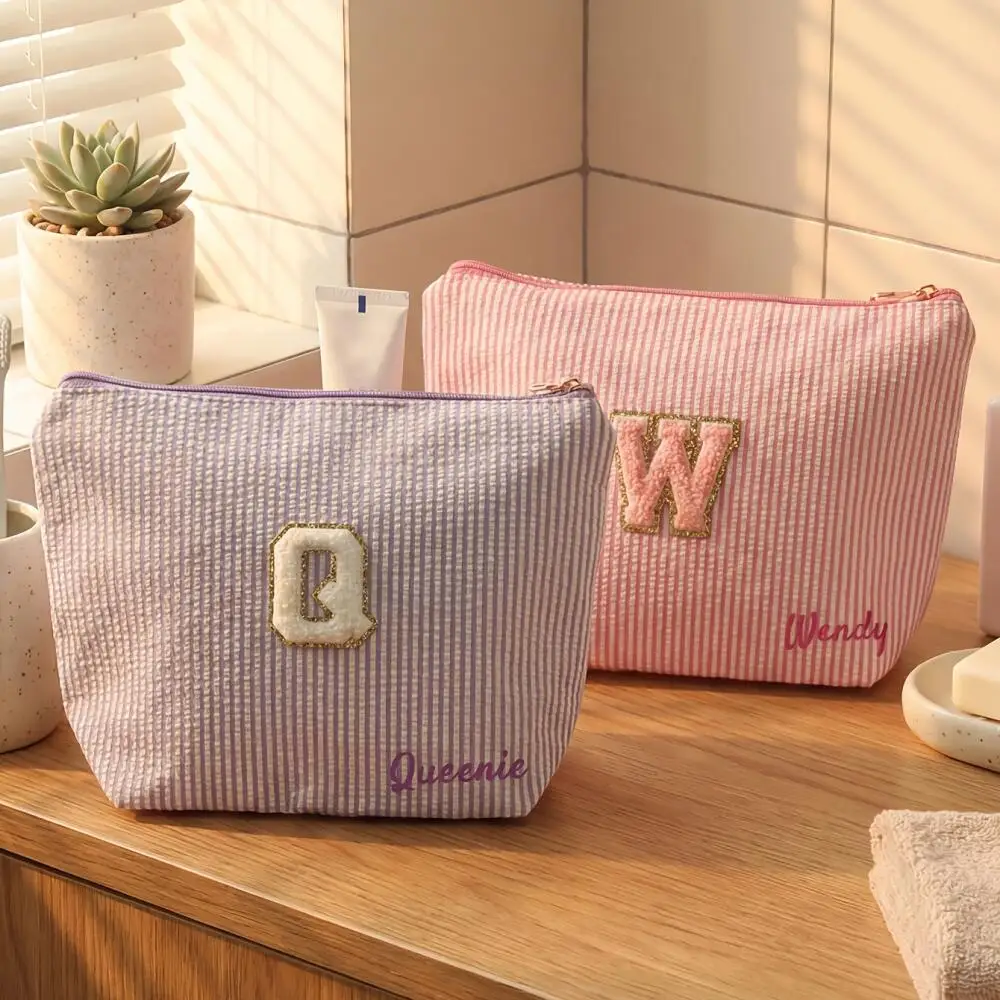 2Pcs Personalized Custom Chenille Name Striped Cosmetic Case with Travel Refill Bottles Portable Large Capacity Makeup Wash Bag
