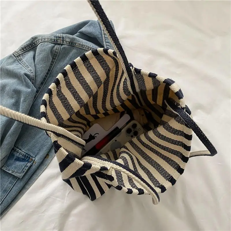 

Large Capacity Canvas Women Shopper Tote Simple Striped Shoulder Bag Female Casual Multifunctional Travel Top-handle Handbag