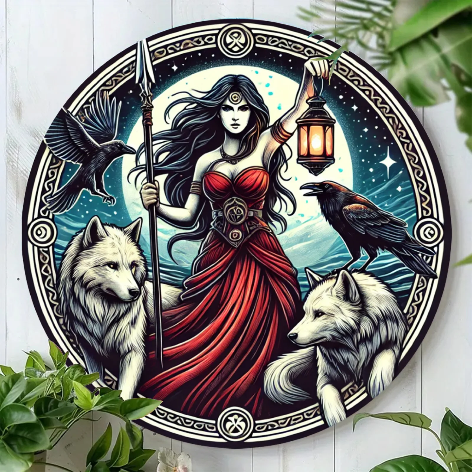 2D Nordic Mythology Goddess Wolf Raven Round Iron Painting 7.87x7.87 Inch Retro Rune Border Metal Tin Sign Mystic Home Wall Orna