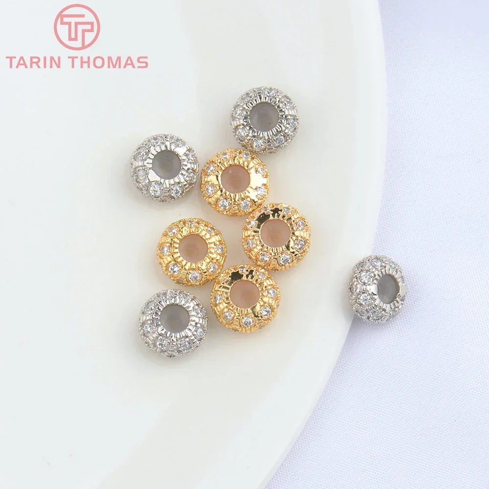 (4847) 4PCS 8x4MM 24K Gold Color Brass with Zircon Rubber Spacer Beads Bracelet Beads High Quality DIY Jewelry Making Findings