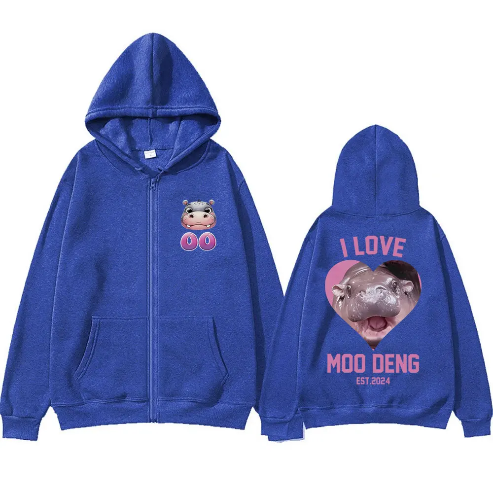 Eu amo Moo Deng Hoodie Meme Zipper engraçado, Baby Hippo Print, jaqueta com zíper para homens e mulheres, moletons de algodão, moda casual