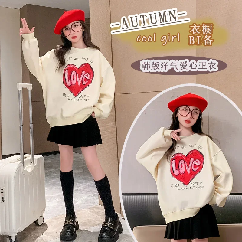 2024 autumn winter Girls clothes long t-shirt Dresses Baby hooded tops teens Kids loose lover heart print sweatshirts 5 12 year