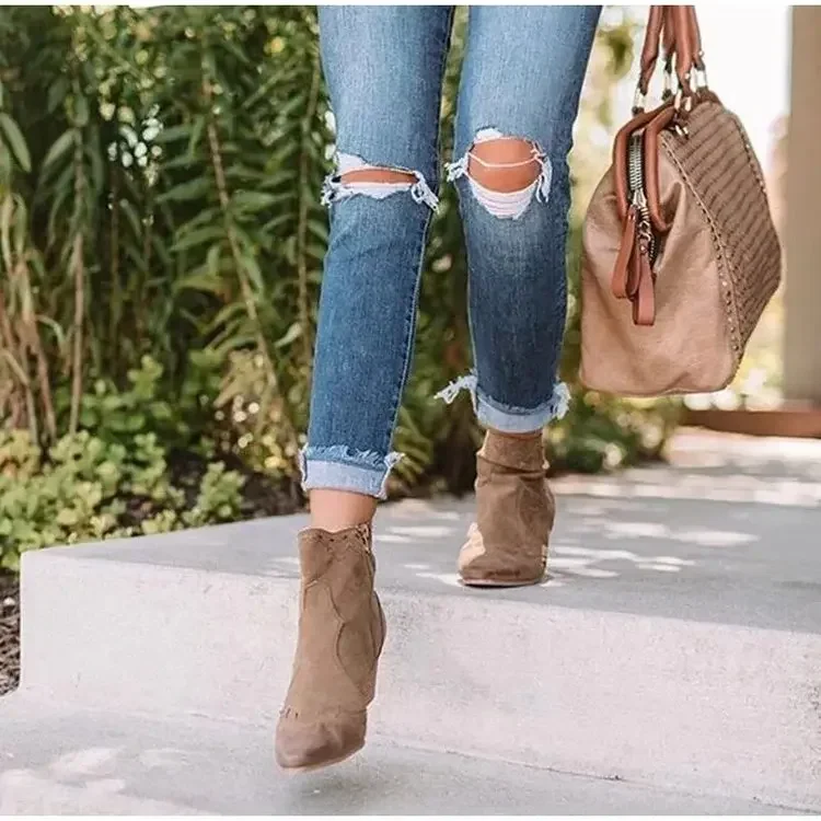 Leather Boots Women Genuine Pointed Toe Mid Heel Ankle Boots Thick Square Heel Slip On Western Boots Cowboy Boots Women New