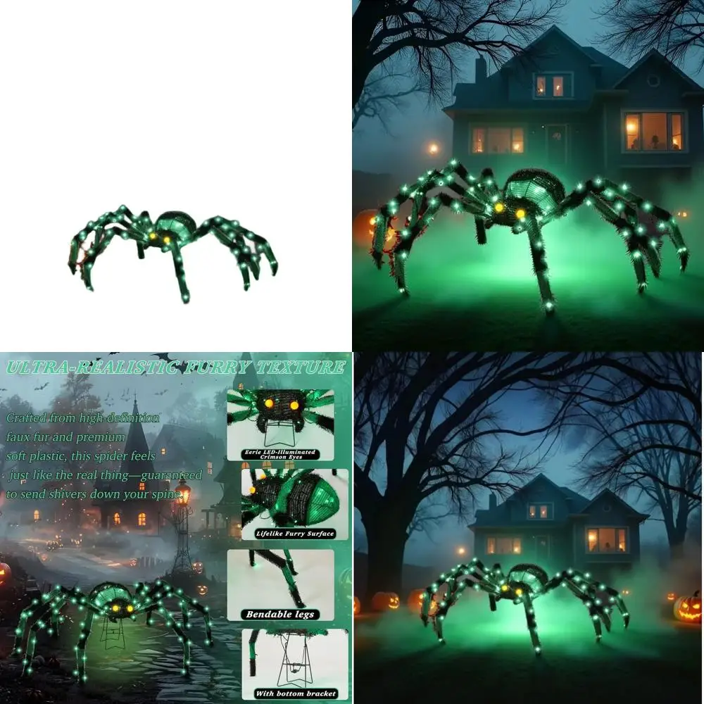 

Giant 4.2ft Outdoor Halloween Spider Decoration with 52 Light Up Body and 90 LEDs for Yard, Porch, Garden (Green)