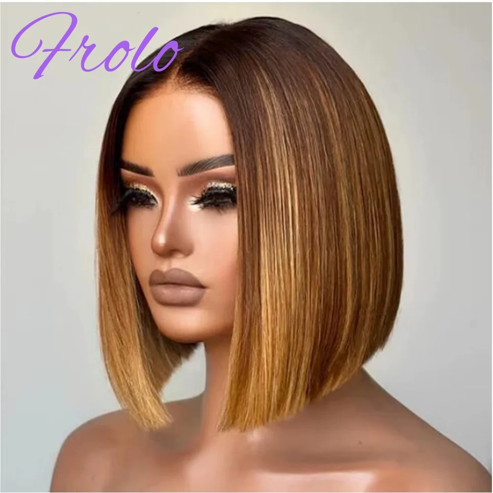 

Плотность 210, тупая стрижка, прямой коричневый парик с омбре, короткий боб со светлыми бликами для женщин, парик спереди Hd, бразильские волосы Remy